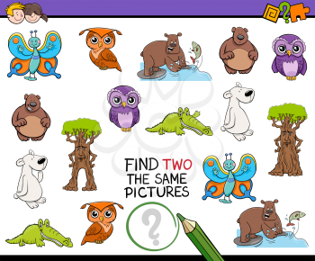Cartoon Illustration of Finding Two Identical Pictures Educational Game for Kids
