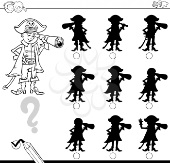 Black and White Cartoon Illustration of Find the Shadow without Differences Educational Activity for Children with Pirate Fantasy Character Coloring Page