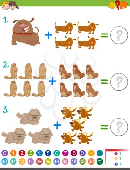 Cartoon Illustration of Educational Mathematical Addition Activity Game for Kids with Wild Animal and Pet Characters