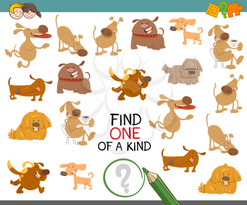 Cartoon Illustration of Find One of a Kind Educational Activity Game for Preschool Kids with Dogs