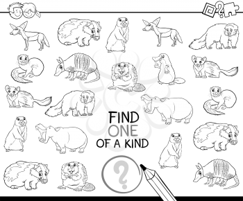 Black and White Cartoon Illustration of Find One of a Kind Educational Activity for Children with Wild Animal Characters Coloring Page