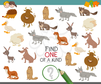 Cartoon Illustration of Find One of a Kind Educational Activity for Children with Animal Characters