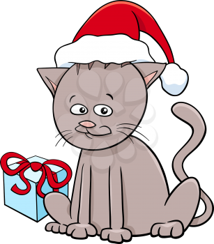 Cartoon Illustration of Cat or Kitten Animal Character with Gift on Christmas Time