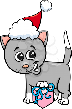 Cartoon Illustration of Kitten Animal Character with Present on Christmas Time