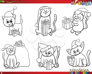Coloring Book Cartoon Illustration of Black and White Set of Cat Characters on Christmas Time