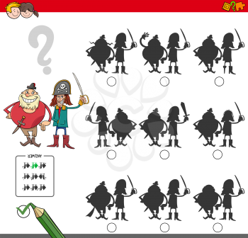 Cartoon Illustration of Finding the Shadow without Differences Educational Activity for Children with Two Pirates Characters