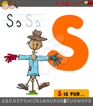 Educational Cartoon Illustration of Letter S from Alphabet with Scarecrow for Children 