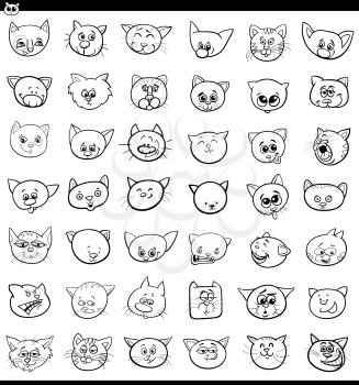 Black and White Cartoon Illustration of Cats and Kittens Heads Large Set
