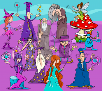 Cartoon Illustration of Wizards and Witches Fantasy Characters Group