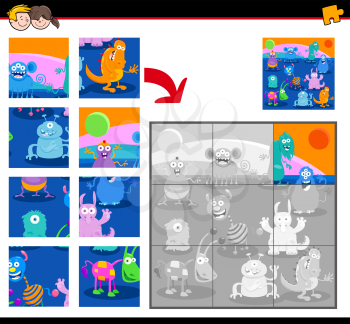 Cartoon Illustration of Educational Jigsaw Puzzle Activity Game for Children with Monsters or Alien Characters