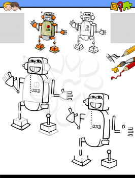 Cartoon Illustration of Drawing and Coloring Educational Activity for Children with Funny Robot Character