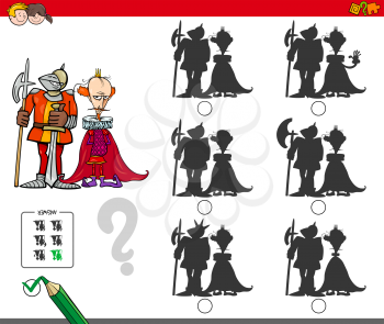 Cartoon Illustration of Finding the Shadow without Differences Educational Activity for Children with King and Knight Medieval Characters