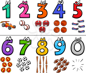 Cartoon Illustration of Educational Numbers Collection from One to Nine with Sport Objects