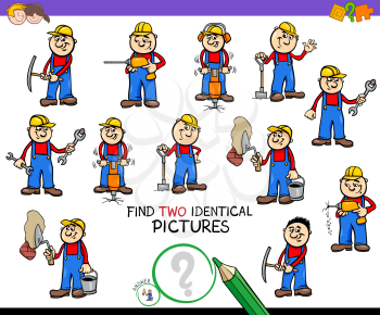 Cartoon Illustration of Finding Two Identical Pictures Educational Game for Kids with Funny Workers and Builders at Work