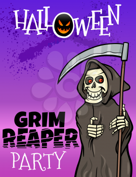 Cartoon Illustration of Halloween Holiday Party Poster or Banner Design with Comic Grim Reaper Character