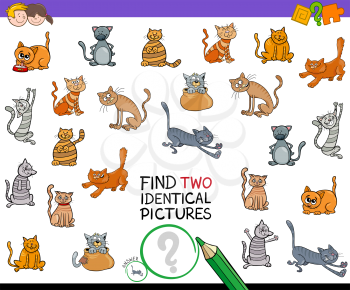 Cartoon Illustration of Finding Two Identical Pictures Educational Game for Kids with Cat Characters