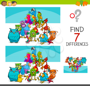 Cartoon Illustration of Finding Seven Differences Between Pictures Educational Activity Game for Kids with Birds Animal Characters Group