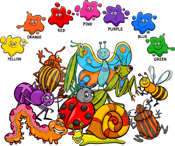 Cartoon Illustration of Primary Basic Colors Educational Page for Children with Insects Animal Characters