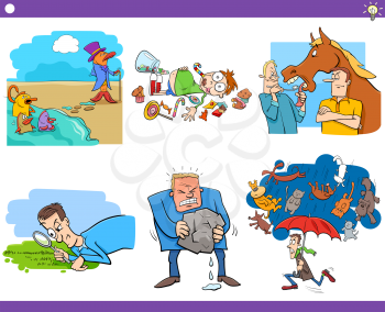 Illustration Set of Humorous Cartoon Concepts or Ideas and Metaphors with Comic Characters