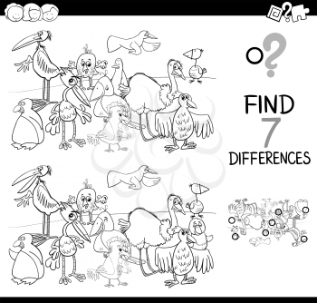 Black and White Cartoon Illustration of Searching Differences Between Pictures Educational Activity Game for Children with Birds Animal Characters Group Coloring Book
