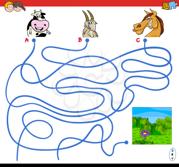 Cartoon Illustration of Paths or Maze Puzzle Activity Game with Farm Animal Characters and Meadow