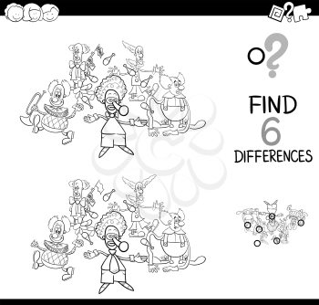 Black and White Cartoon Illustration of Finding Eight Differences Between Pictures Educational Activity Game for Kids with Clown Characters Group Coloring Book