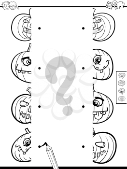 Black and White Cartoon Illustration of Educational Game of Matching Halves of Jack Lantern Characters Coloring Book