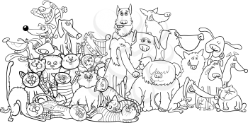 Black and White Cartoon Illustration of Funny Dogs and Cats Animal Characters Group Coloring Book