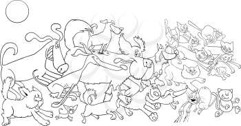 Black and White Cartoon Illustration of Funny Running Dogs and Cats Animal Characters Group Coloring Book