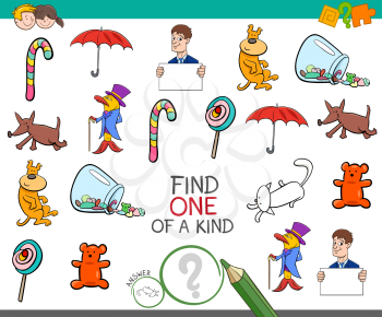 Cartoon Illustration of Find One of a Kind Educational Activity Game for Children with Funny Pictures