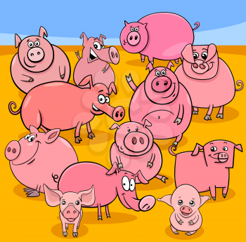Cartoon Illustration of Funny Pigs Farm Animal Characters Group