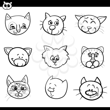 Black and White Cartoon Illustration of Comic Cats and Kittens Heads Set