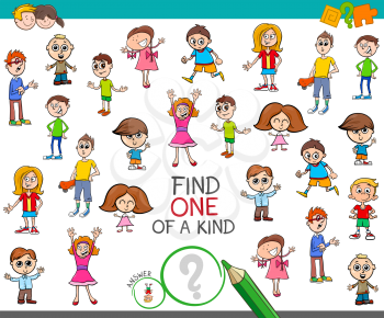 Cartoon Illustration of Find One of a Kind Picture Educational Activity Game for Kids with Children Characters