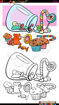 Cartoon Illustration of Dogs and Sweet Food and Candies Group Coloring Book Activity