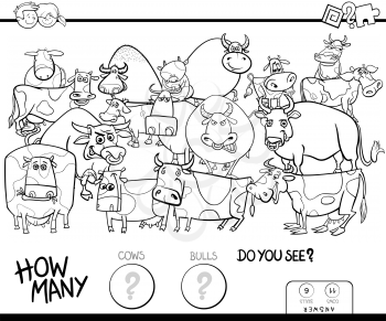 Black and White Cartoon Illustration of Educational Counting Game for Children with Cows and Bulls Farm Animals Characters Group Coloring Book