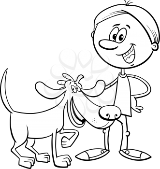Black and White Cartoon Illustration of Boy with Funny Dog or Puppy Coloring Book