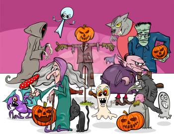 Cartoon Illustration of Halloween Holiday Spooky Characters Group