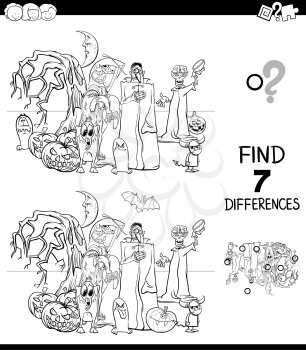 Black and White Cartoon Illustration of Finding Seven Differences Between Pictures Educational Game for Children with Halloween Characters Coloring Book