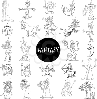 Black and White Cartoon Illustration of Fantasy Characters Huge Set Coloring Book Page