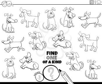 Black and White Cartoon Illustration of Find One of a Kind Picture Educational Game with Playful Dogs and Puppies Characters Coloring Book Page