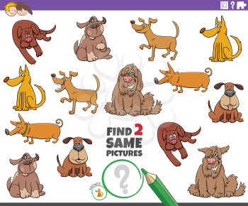 Cartoon Illustration of Finding Two Same Pictures Educational Task for Children with Dogs and Puppies Animal Characters