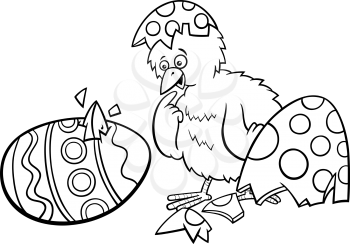 Black and white cartoon illustration of little chick hatched from Easter colored egg coloring book page