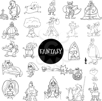 Black and White Cartoon Illustration of Fantasy or Fairy Tale Characters Large Set Coloring Book Page