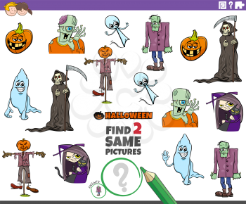 Cartoon Illustration of Finding Two Same Pictures Educational Game for Children with Halloween Characters