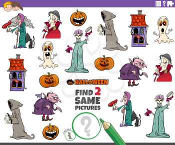Cartoon Illustration of Finding Two Same Pictures Educational Task for Kids with Halloween Characters