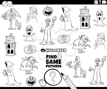 Black and White Cartoon Illustration of Finding Two Same Pictures Educational Task for Kids with Halloween Characters Coloring Book Page