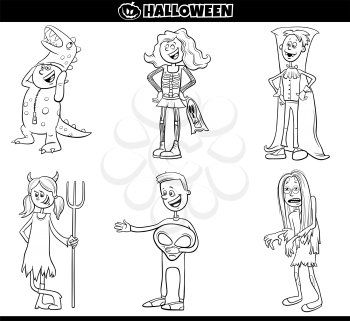 Black and White Cartoon Illustration of Children and Teens in Costumes at Halloween Party or Masked Ball Coloring Book Page