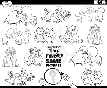 Black and white cartoon illustration of finding two same pictures educational game with animal couples at Valentines day coloring book page