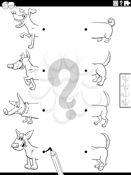 Black and White Cartoon Illustration of Educational Task of Matching Halves of Pictures with Funny Dogs Animal Characters Coloring Book Page