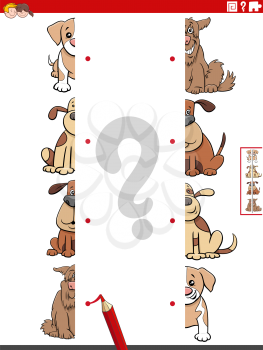 Cartoon Illustration of Educational Task of Matching Halves of Pictures with Funny Dogs Animal Characters